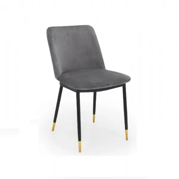 Grey Velvet Fabric Upholstered Dining Chair with Black Brushed Brass Tip Legs