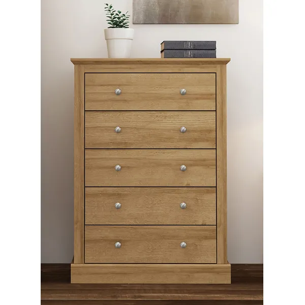 Traditional Oak Finish Wooden Bedroom Chest of 5 Drawers
