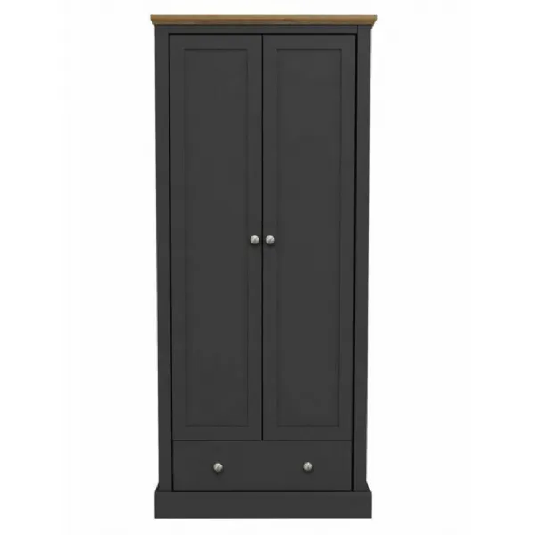 Traditional Charcoal Painted 2 Door Double Wardrobe with Oak Effect Top