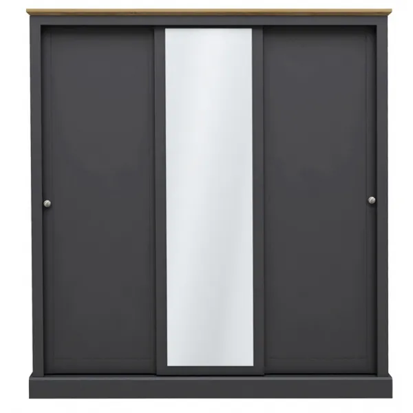 Charcoal Painted Oak Effect Top Triple Sliding Wardrobe with Central Mirror