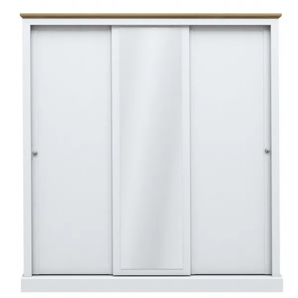 White Painted 3 Door Sliding Centre Mirror Wardrobe Oak Top