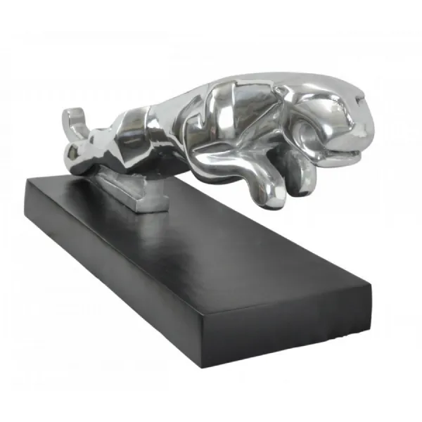 Polished Silver Giant Jaguar Sculpture on Black Stand