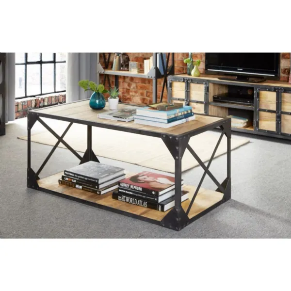 Industrial Reclaimed Wood Coffee Table with Magazine Shelf