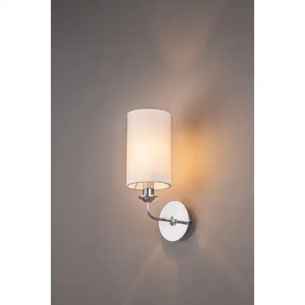 Banyan 1 Light Switched Wall Lamp, E14 Polished Chrome c w 120mm Faux Silk Shade, White
