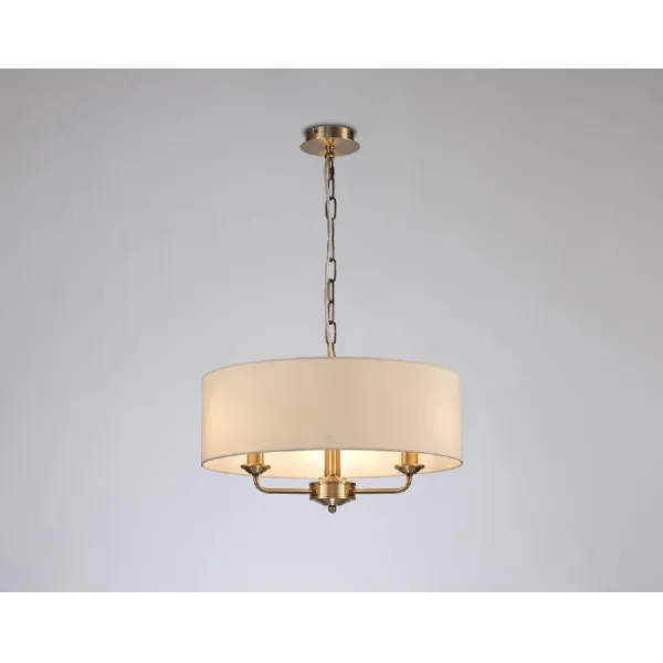 Antique Brass 3 Light Pendant 45cm Round Silk Ivory Shade