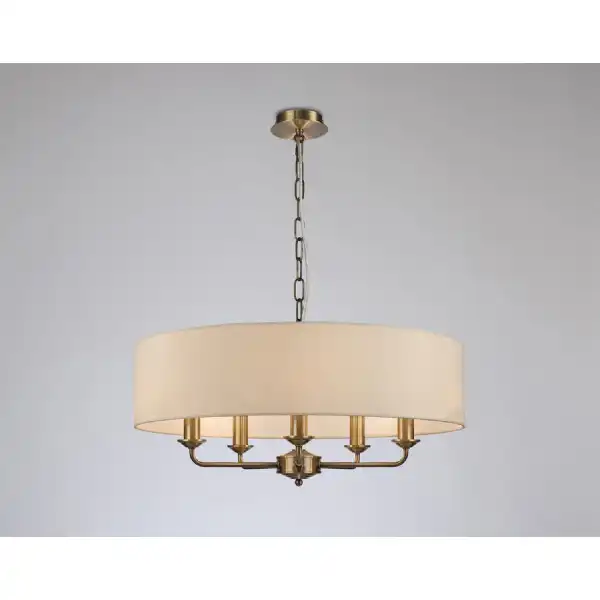 Banyan 5 Light Multi Arm Pendant, c w 1.5m Chain, E14 Antique Brass c w 600mm Faux Silk Shade, Ivory Pearl White Laminate
