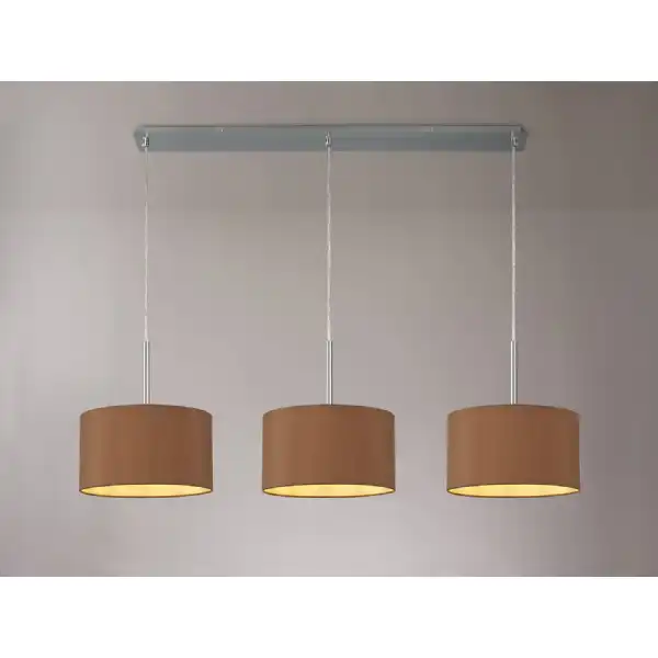 Baymont Polished Chrome 3 Light E27 3m Linear Pendant c w 300 x 170mm Dual Faux Silk Fabric Shade, Raw Cocoa Grecian Bronze