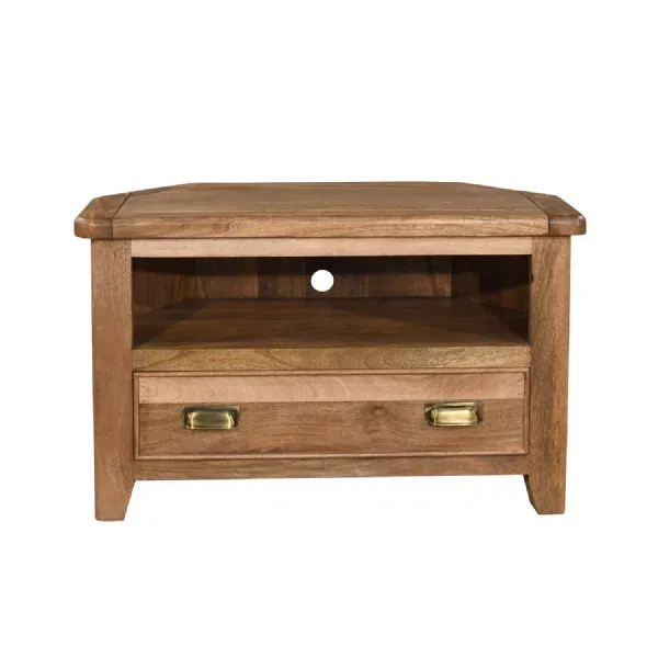 Rustic Natural Solid Wood Corner TV Unit with Drawer