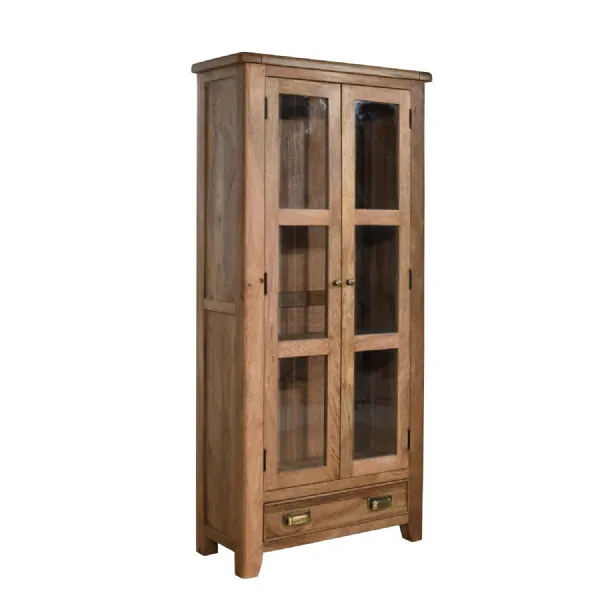 Rustic Smoked Wood Glazed Display Cabinet with Drawer Storage