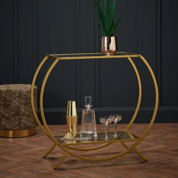Gold Metal Console Hall Table Glass Top and Base