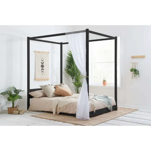 Black Wood Double Low Four Poster Bed
