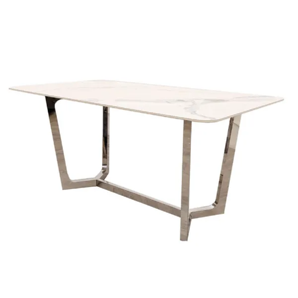 Modern White Sintered Stone Top Rectangular 6 Seater Dining Table with Chrome Legs