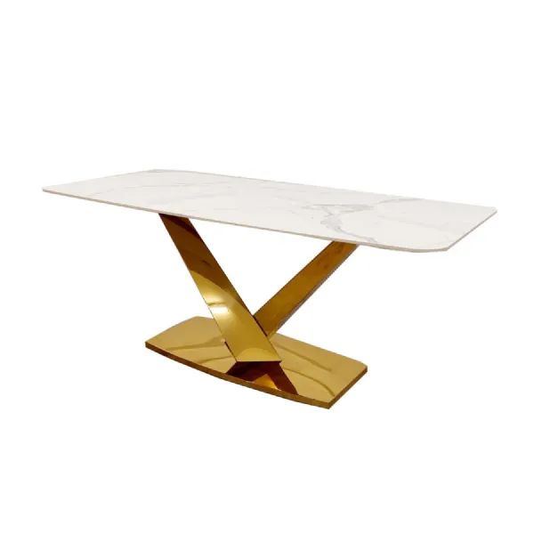 Modern White Stone Top Rectangular 4 to 6 Seater Dining Table with Gold Base