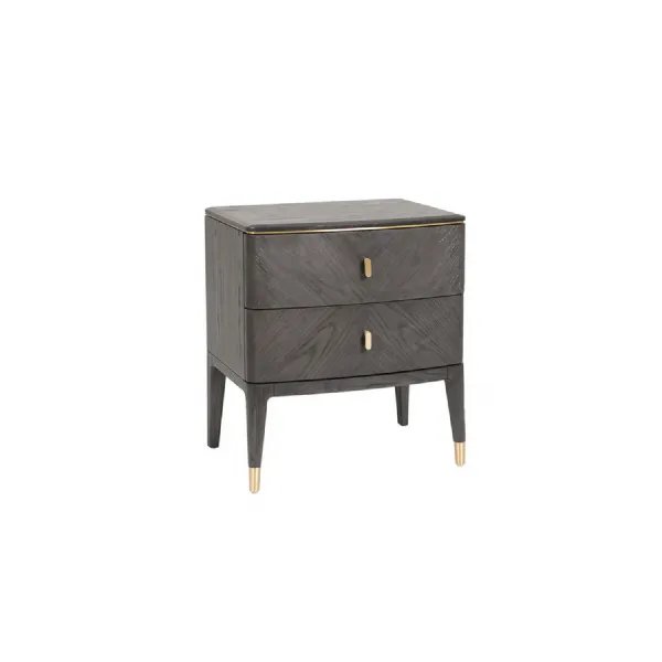 Brown Ribbed Wooden 2 Drawer Bedside Table with Gold Detail