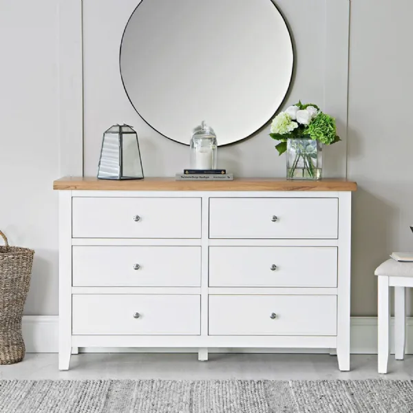 White Wood Chest of 6 Drawers Washed Oak Top