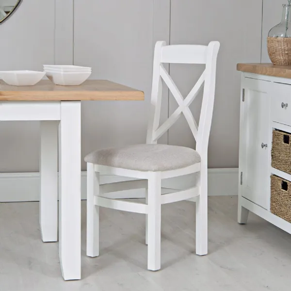 White Wood Cross Back Dining Chair Padded Seat