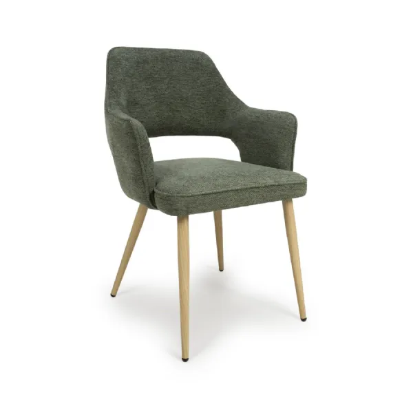 Green Fabric Dining Arm Chair with Light Wood Legs