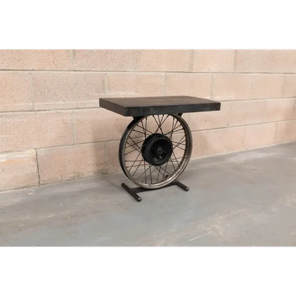 Antique Black Wrought Iron Wheel Spokes Side Table Wood Top