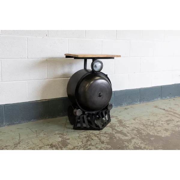 Black Wrought Metal Micro Steam Engine Side Table Wood Top