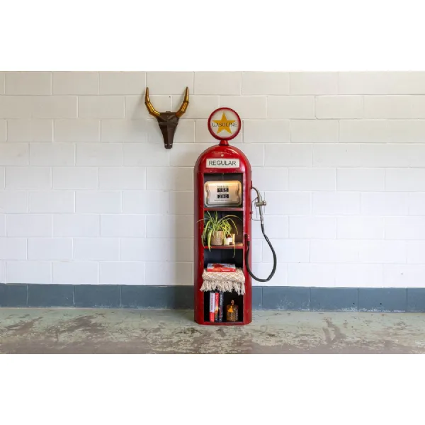 Red Wrought Metal Pump Style Display Unit with Open Shelves