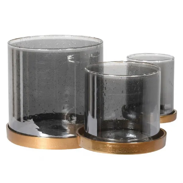 Bronze And Black Glass Candle Holder Trio