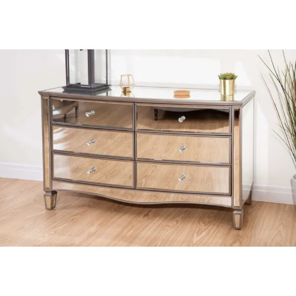 Mirrored Glass Wide Chest of 6 Drawers with Crystal Handles