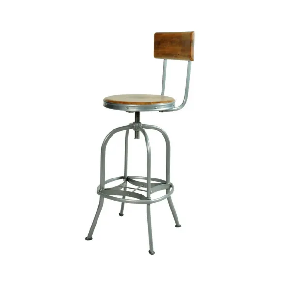 Industrial Round Mango Wood Swivel Adjustable Bar Stool with Backrest