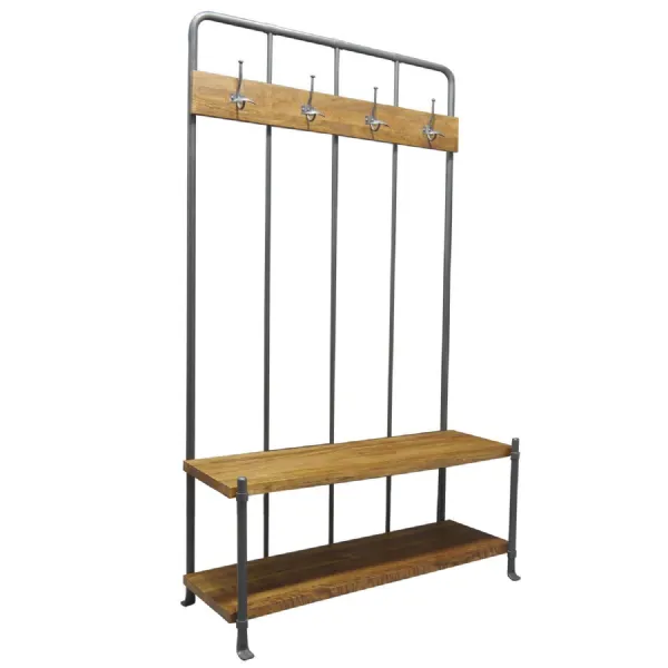 Natural Mango Wood and Silver Steel Hall Bench with Coat Rack