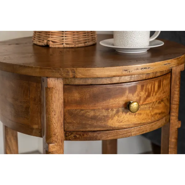 Rustic Round Mango Wood Side Table with Drawer and Rattan Shelf