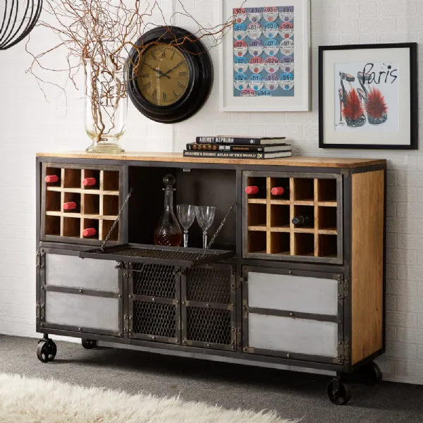 Natural Hardwood and Metal Large Bar Cabinet with Castors