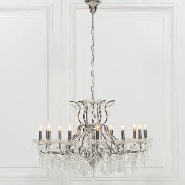 Chrome Glass Chandelier with 12 Branch Cut Detail