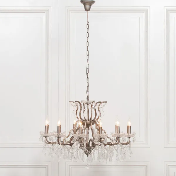 Antiqued Silver Glass Chandelier with 12 Branch Cut Detail