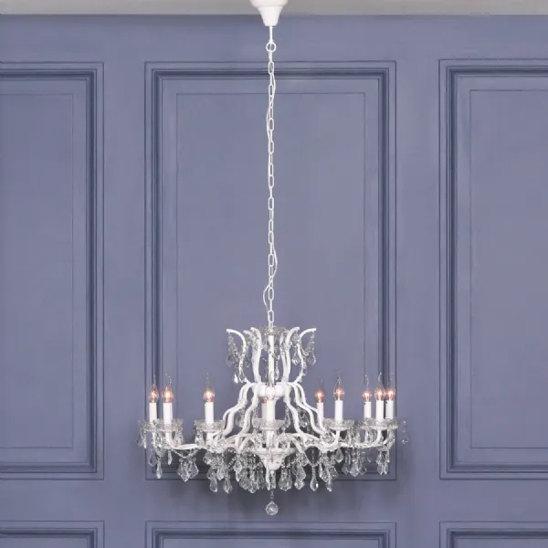 White 12 Branch Shallow Cut Glass Chandelier