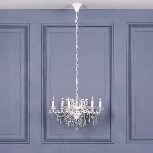 White 6 Branch Shallow Cut Glass Chandelier