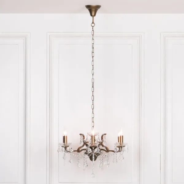 Antique Gold 6 Branch Shallow Cut Glass Chandelier