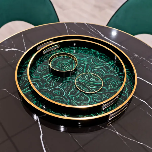 Casa Nova Black Malachite Circular Set of 2 Serving Trays