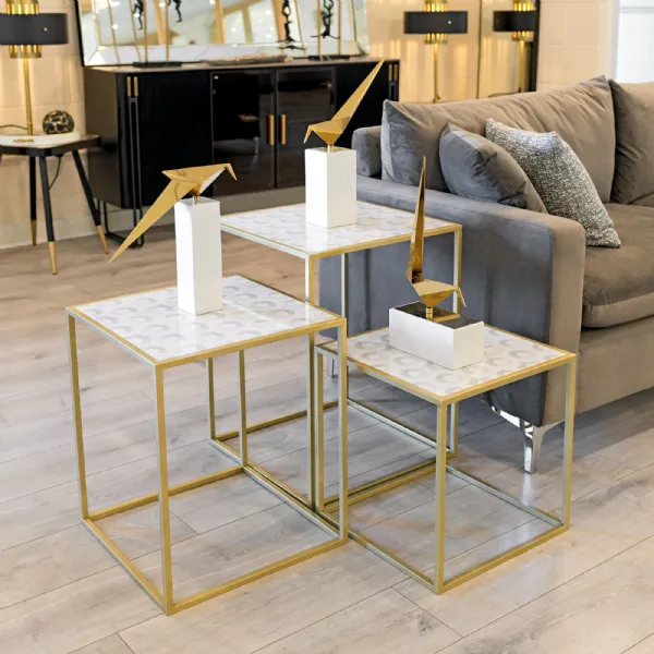 Pantheon Acrylic Top Nest of 3 Side Tables Gold Metal Framed