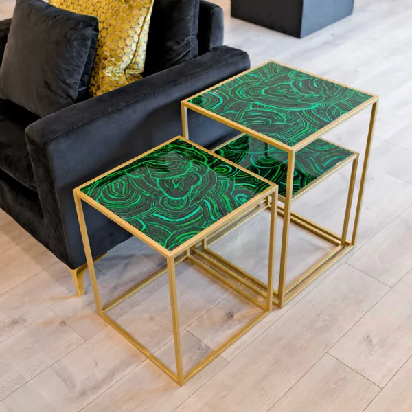 Malachite Acrylic Top Nest of 3 Side Tables Gold Metal Frame