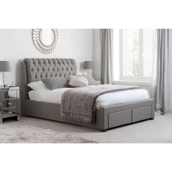 Grey Fabric 2 Drawer King Size Bed Buttoned Headboard