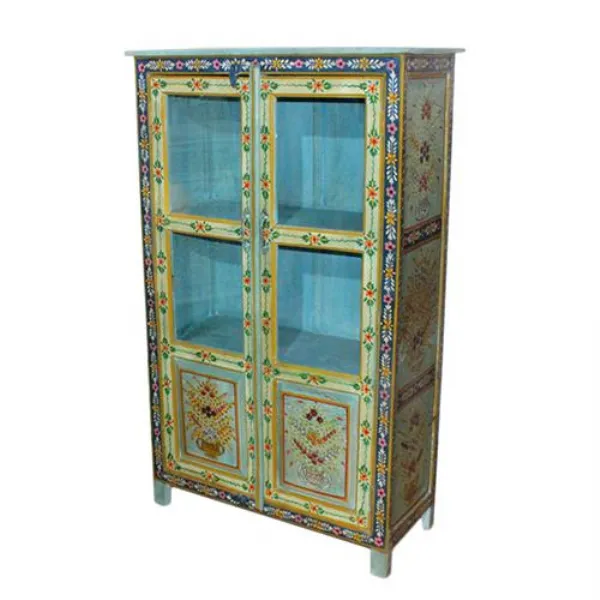 Hand Painted Floral Detailing Solid Wood 2 Door Cabinet with Glass Panels
