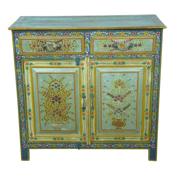 Traditional Hand Painted Blue Floral Motif 2 Door 2 Drawer Cabinet