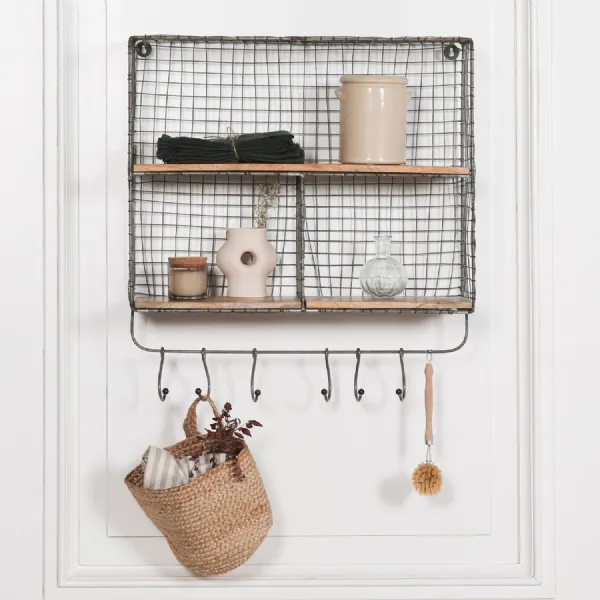 Wire 3 Compartment Wall Shelf with Wood Shelves and Hooks