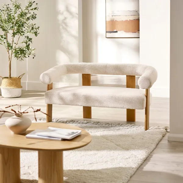 Freya White Boucle Upholstered 2 Seater Sofa With Solid Wood Legs