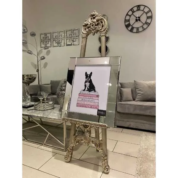 Black Dog Sitting On Pink Books Stack Wall Art Mirror Frame