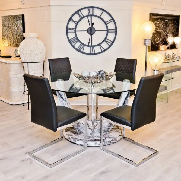 Clear Glass 140cm Round Dining Table Marble Effect Base