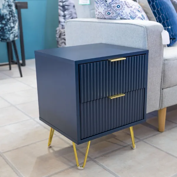 Navy Blue Wood 2 Drawer Ribbed Bedside Unit Hairpin Legs