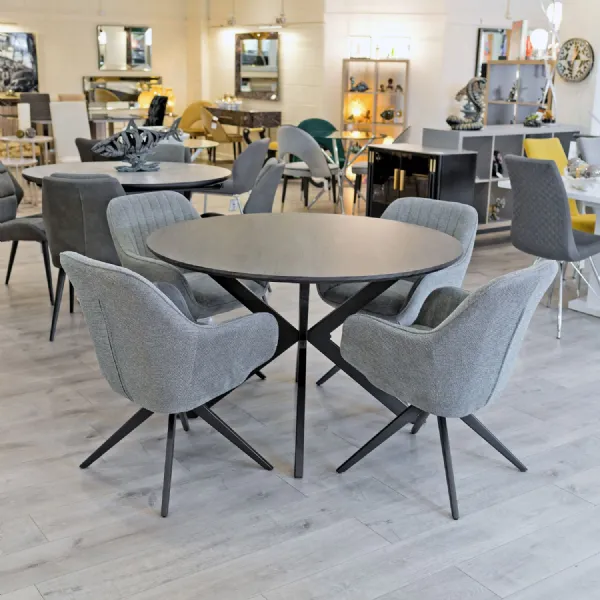 Grey Wood 120cm Round Dining Table Set 4 Fabric Chairs