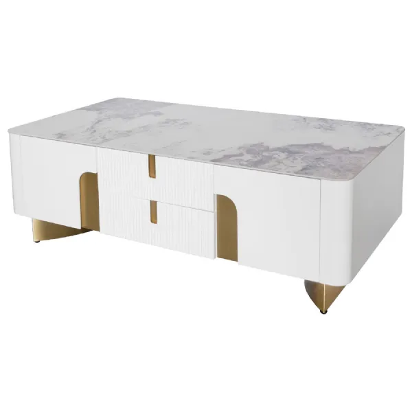 White Marble Top 4 Door 4 Drawer Coffee Table Gold Feet