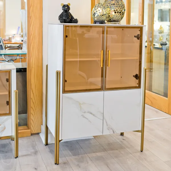 White Marble Effect Top 4 Door Storage Cabinet Gold Legs