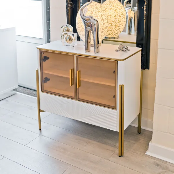 White Marble Effect 2 Door 1 Drawer Small Cabinet Gold Legs